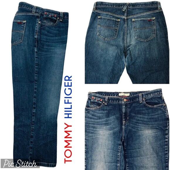 TOMMY HILFIGER Jeans Womens 36X24 Hipster Boot Whiskered Blue Stretch Cropped - Picture 2 of 16